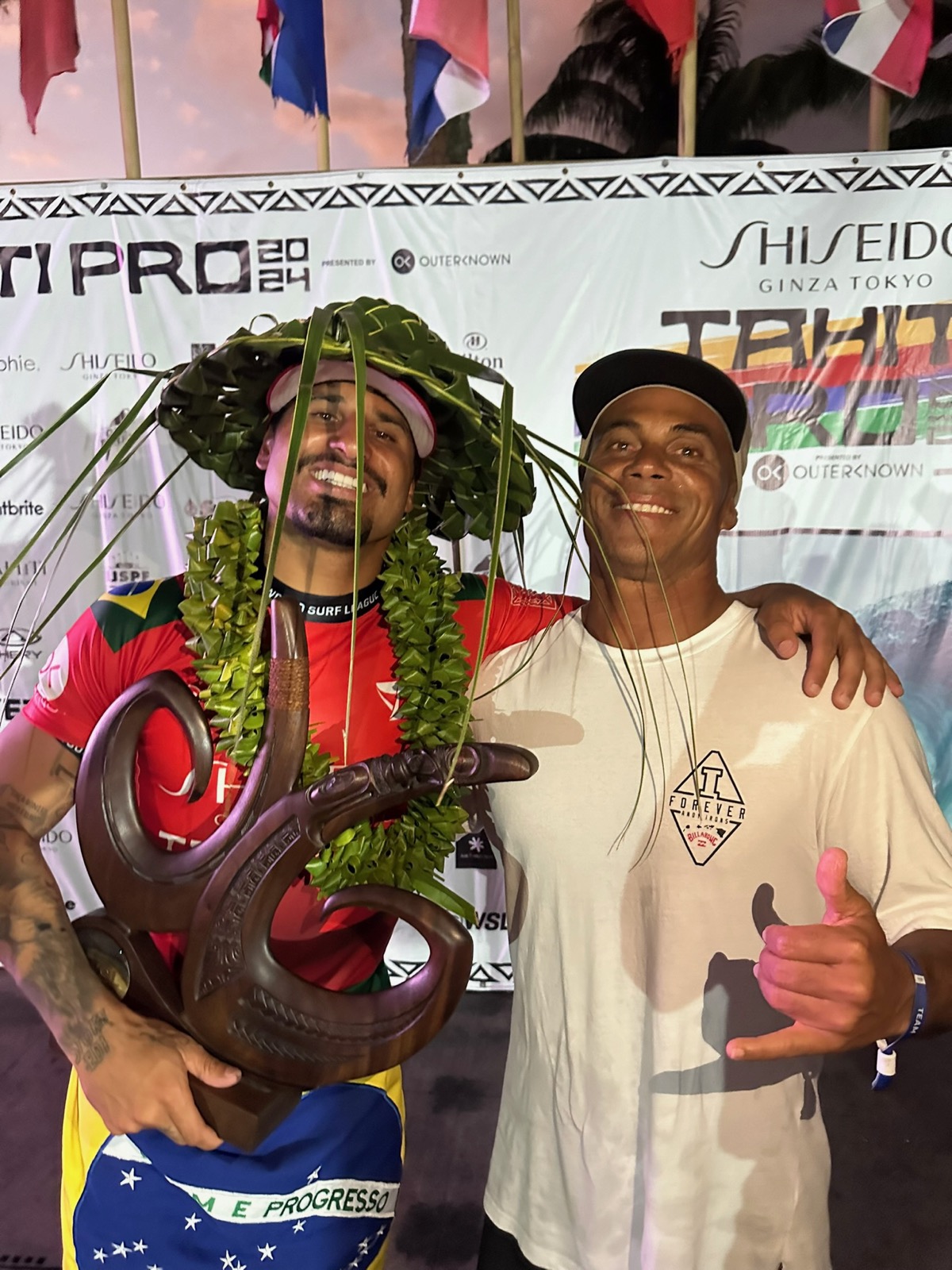Rainos Hayes with Italo Ferreira after winning the 2024 Tahiti Pro at Teahupo'o